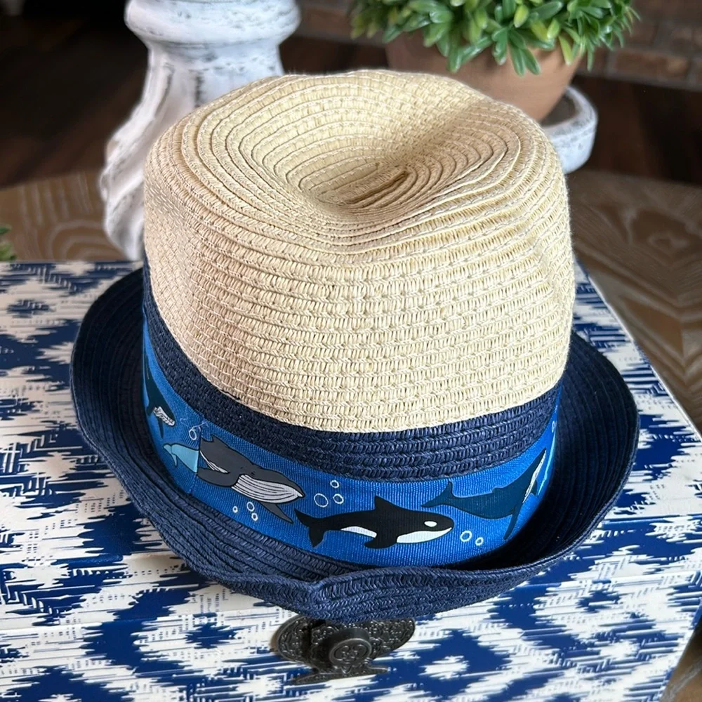 Little Boys Navy Blue & Tan Brown Straw Fedora Hat Whale Stripe